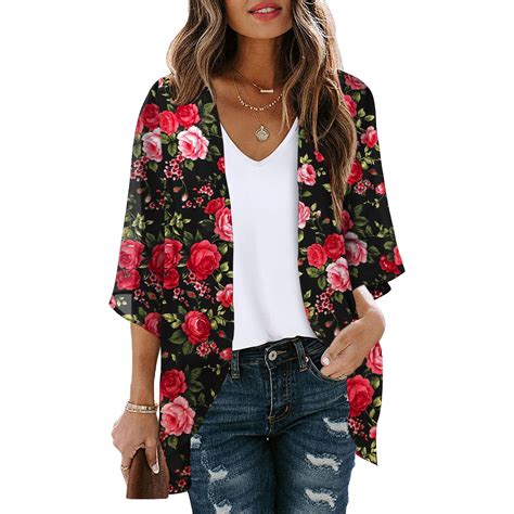 Augper Women S Floral Print Puff Sleeve Kimono Cardigan Loose Chiffon