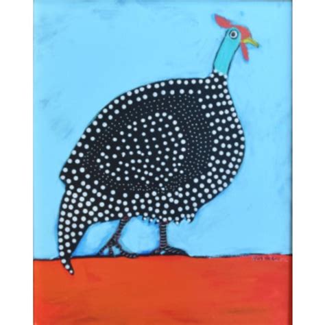 Original Folk Art Chicken Guinea Hen Fowl Oil Painting W Antiqued Gold