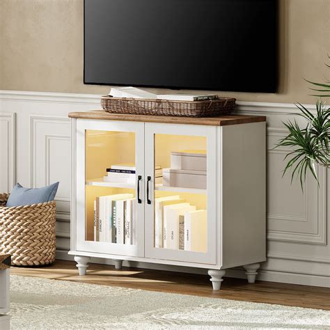 LED TV Stand for 43 Inch TV, Wood Entertainment Center with Glass Door and 2 Storage for Living ...