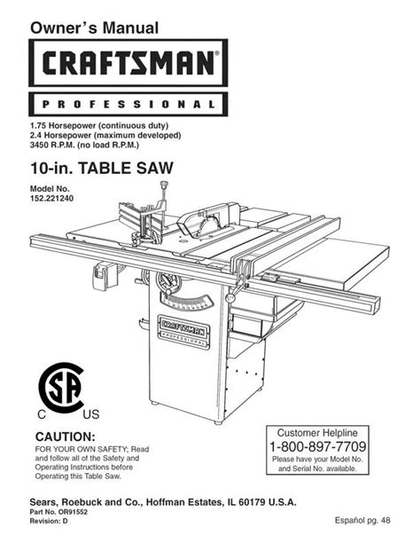 Craftsman 10 Table Saw Parts List