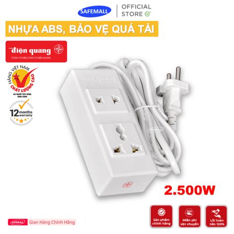 Ổ cắm Điện Quang ĐQ 001A 02 2 lỗ trắng công suất 2500W dây dài 2m