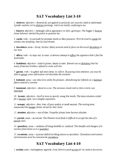 SAT Vocabulary List 3 and 4 | Adjective | Cognitive Science | Free 30 ...