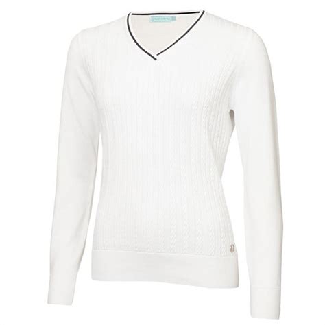 Green Lamb Ladies Madison Cable V Neck Sweater White