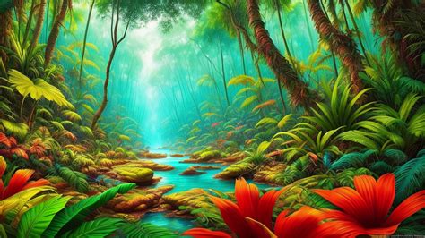 Fantasy Tropical Jungle Forest In Surreal Colors Painting Generative Ai