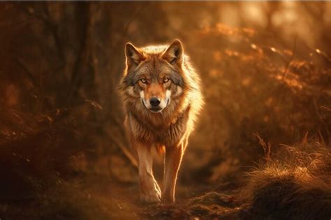 Retrato de un lobo en el bosque de otoño al atardecer escena de vida