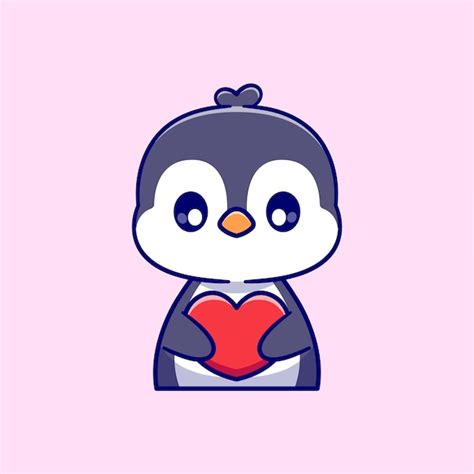 Pingouin Mignon Tenant Amour Coeur Dessin Animé Vecteur Icône