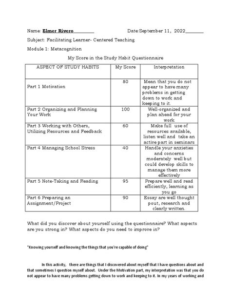 Output 1 My Score In The Study Habits Questionnaire Pdf