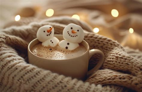 Premium Photo Two Snowman Marshmallows In A Mug Of Hot Chocolate On A