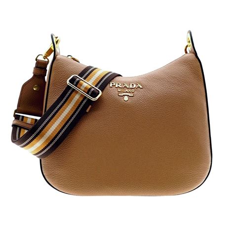 Prada Vitello Phenix Caramel Brown Leather Web Stripe Crossbody Bag