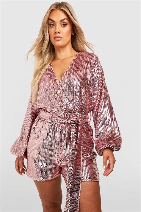 Womens Plus Velvet Sequin Tie Waist Playsuit Boohoo Uk