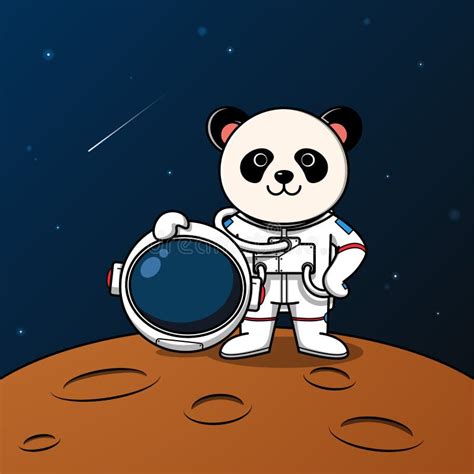 Cute Panda Astronaut Standing On The Moon Stock Vector Illustration