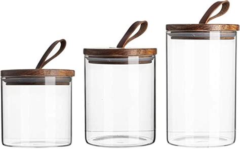 Argon Tableware Glass Storage Jars With Wooden Lids Leather Loop Modern Contemporary Kitchen