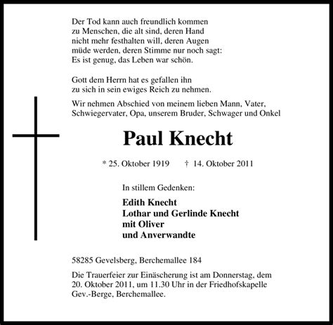 Traueranzeigen Von Paul Knecht Trauer In Nrw De