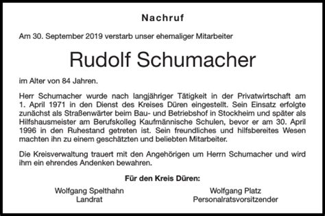 Traueranzeigen Von Rudolf Schumacher Aachen Gedenkt