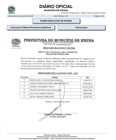 Prefeitura convoca aprovados em processos seletivos Prefeitura de Ipeúna