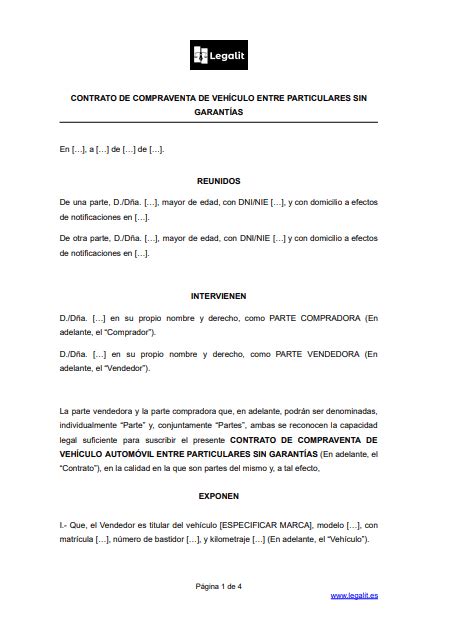 Modelo Contrato Compraventa Veh Culo Usado Sin Garant As Entre