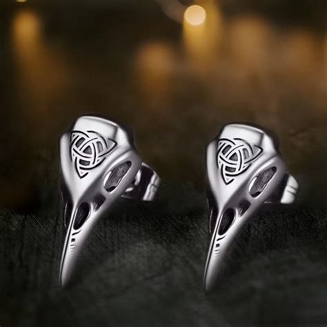 Viking Raven Skull Stud Earrings With Celtic Knot Vintage Jewelry Thor