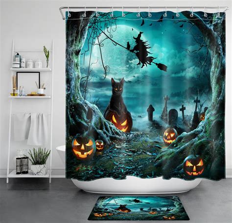 Halloween Haunts Shower Curtain With Witchy Pumpkins Graveyard And