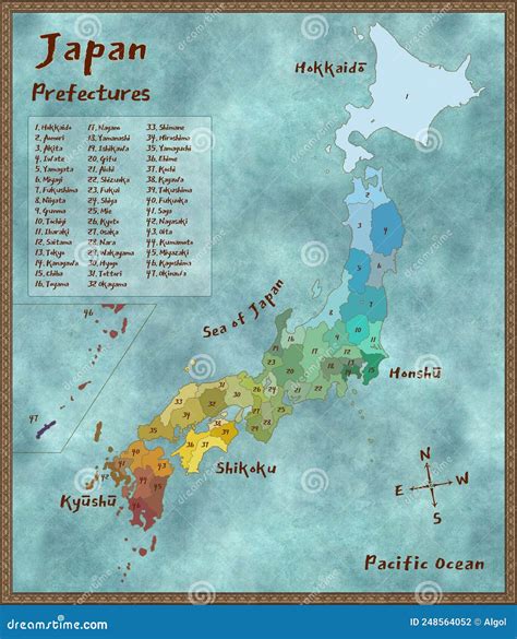 Map Of The Four Main Islands Of Japan Showing Prefectures Stock