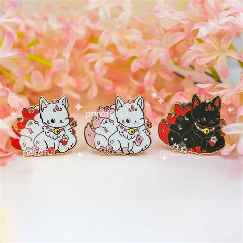 Cute Kitsune Sakura Kitsune Enamel Pin Elegant Kitsune Nine Tailed
