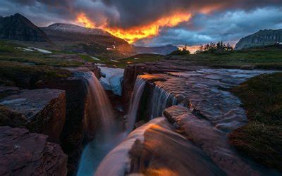 Herunterladen Wasserfall Sonnenuntergang Abend Tal Fluss