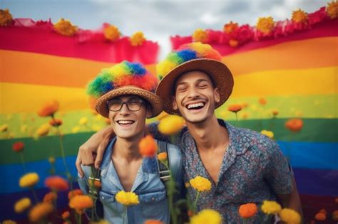 Um lindo casal gay feliz cores do arco íris em um campo de flores papel de parede do mês do