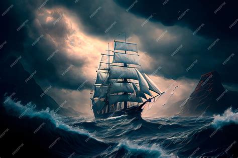 Premium Photo Sailing Old Ship In A Storm Sea In The Background