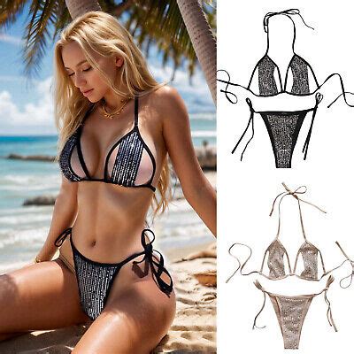 Women S Sexy Halterneck Bikini Set With Sequins Strappy Cutout Beach