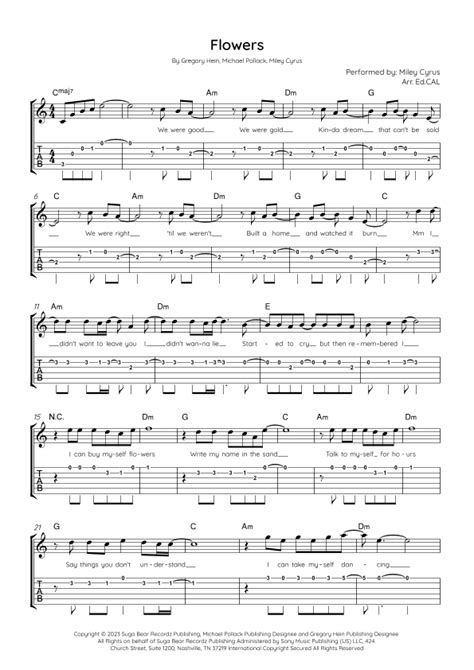 Flowers Arr Arr Ed Cal By Miley Cyrus Sheet Music For Guitar Tab At Sheet Music Direct