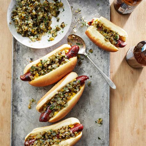 Hot Dogs with Grilled Pickle Relish Recipe - Justin Chapple