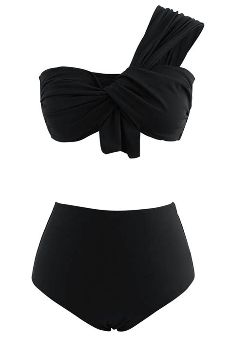 Süßer Knoten Eine Schulter Bikini Satz in Schwarz Retro Indie and