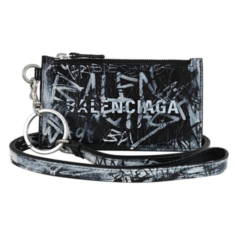 Balenciaga 巴黎世家 品牌logo塗鴉小羊皮斜背頸掛卡片零錢包黑白 Pchome 24h購物