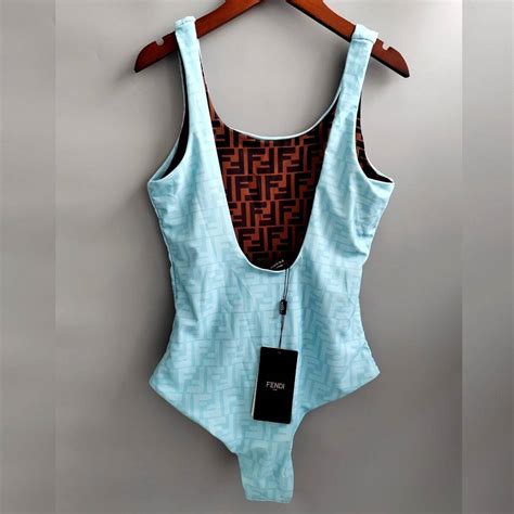 Fendi Low Back Logo Swimsuit Ice Blue Beach Babe Bikini