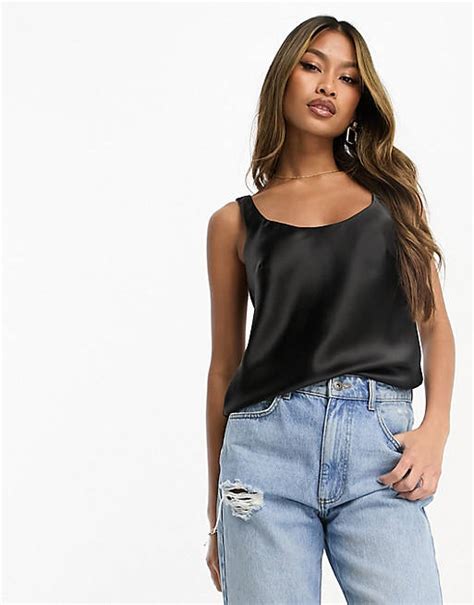 Asos Design Scoop Neck Cami In Satin In Black Asos