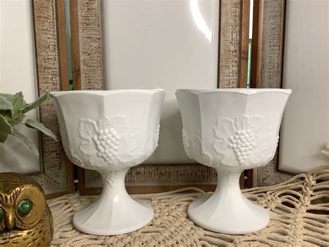 Vintage Indiana Glass Milk Glass Pedestal Compotes Set Of 2 Etsy