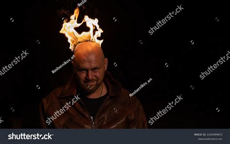 Bald Man Leather Jacket Burning Head Stock Photo 2105499872 Shutterstock