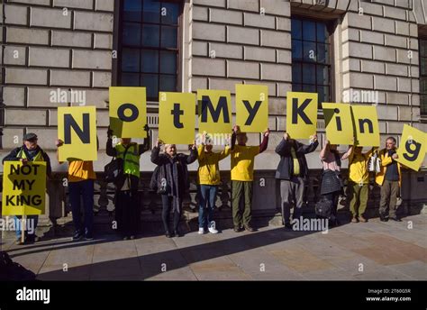 London UK 7th November 2023 Protesters Hold Up Not My King Placards