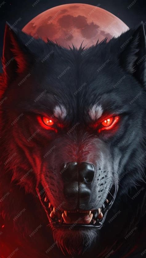 Premium Photo | Big Black werewolf red eyes full red moon