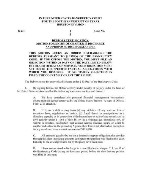 Debtors Certification And Motion For Entry Of Chapter 13 Discharge