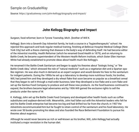 ⇉John Kellogg Biography and Impact Essay Example | GraduateWay