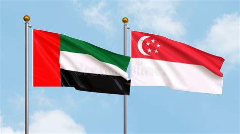 Waving Flags Of United Arab Emirates And Singapore On Sky Background