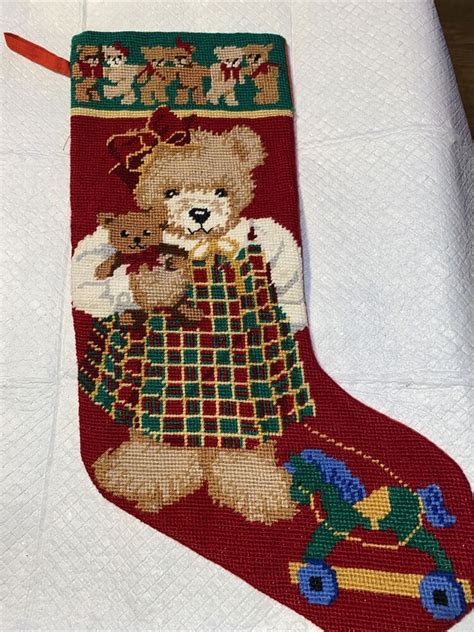 Vintage 18” Long Teddy Bears Wool Needlepoint Christmas Stocking Ebay