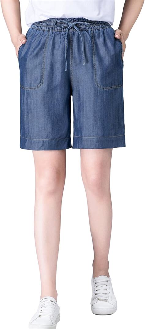 Womens Comfort Tencel Pull On Denim Shorts Elastic Waist Jeans Bermuda