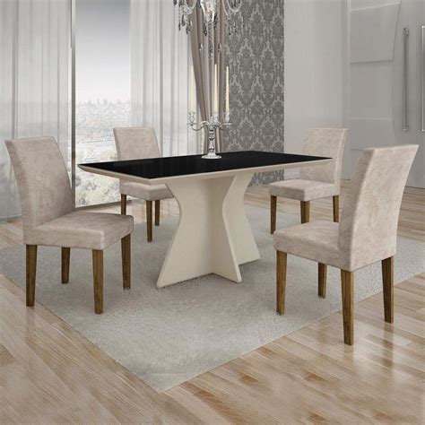 Conjunto Sala De Jantar Mesa Off White Tampo De Vidro Preto Creta 4