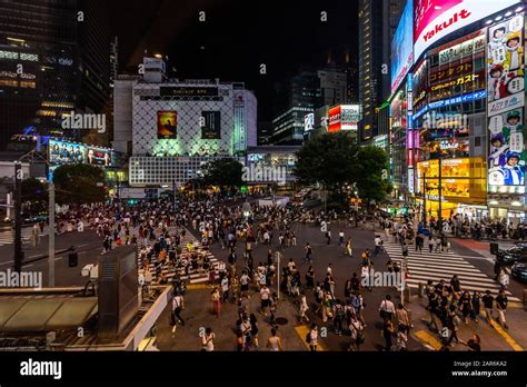 Night Aerial View Of Shibuya Crossing One Of The Most Crowded