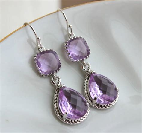 Silver Lavender Earrings Lilac Purple Jewelry Teardrop Glass Two Tier Earrings Bridesmaid