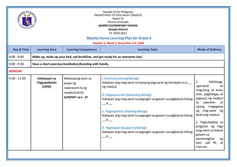 Grade 6 All Subjects Whlp Q1 W5 Weekly Home Learning Plan For Grade 6 Quarter 1 Week 5