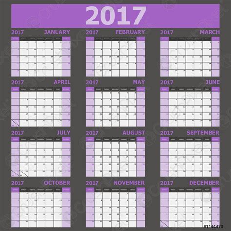 Calendar 2017 week starts on Sunday purple tone - stock vector 1144470 ...
