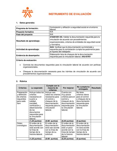 Lista De Chequeo Niniguna Instrumento De Evaluaci N Datos Generales