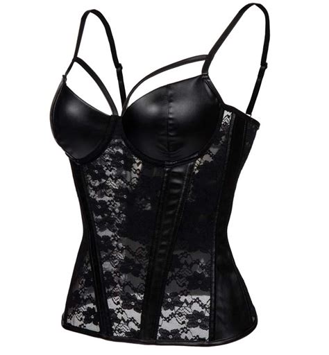 Punk Retro Black Lace Corset Bustier Faux Leather Bra Lingerie N11154